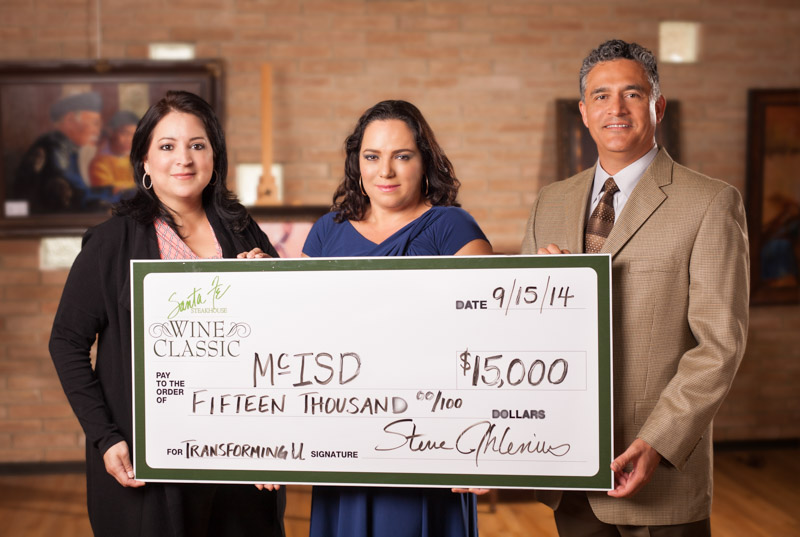 At the check presentation to McAllen ISD are Gerry Garcia with McAllen Chamber, Sony Rego of Santa Fe Steakhouse and McAllen ISD Superintendent Dr. James Ponce